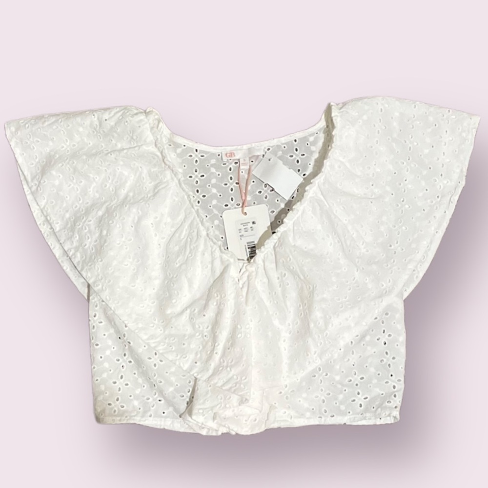 GB brand white eyelet pheasant crop top blouse shirt boho NWT small